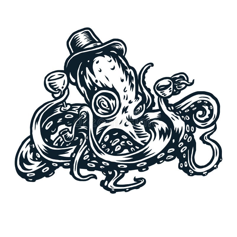 Octopus draagt een hoed, houdt een glas en een rookpijp vast