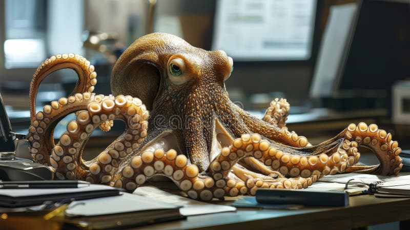 Octopus efficiently manages documents at work desk stock illustration