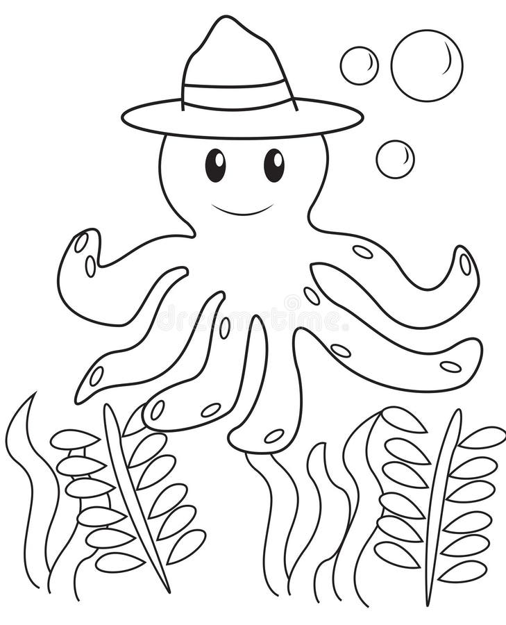 Octopus With A Hat Coloring Page Stock Illustration