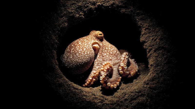 Octopus Hides in Dark Cavern With a Single Outline, Creating a Suspenseful Atmosphere royalty free stock photography