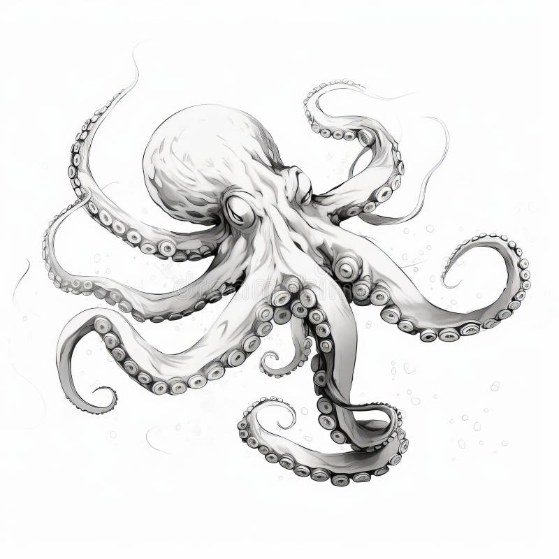 AI Art Generator: Octopuses intertwine realistic detailed tattoo design  drawing with a ocean background on the front upper body