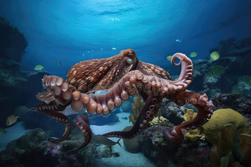 Octopus Kraken Monster Swimming through Murky Waters, Tentacles Fanning