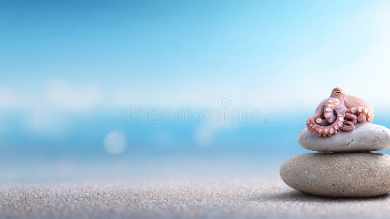 Octopus Resting on Smooth Stones by the Beach in a Peaceful, Serene Environment With a Soft Blurry Background royalty free stock photos