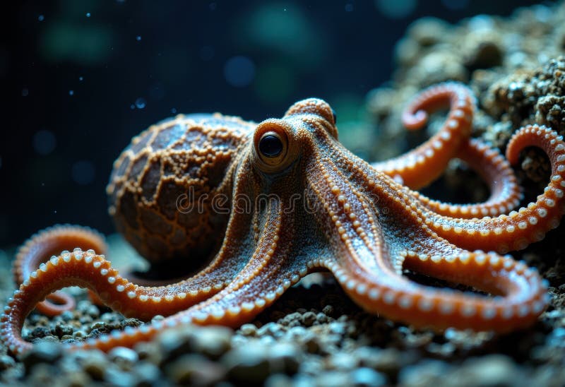 Octopus resting on pebbled seabed with curled tentacles and textured mantle stock photography