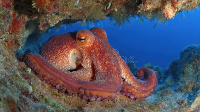 Octopus Rests in a Reef Cavity Surrounded by Vibrant Marine Colors in Tranquil Underwater Setting royalty free stock images