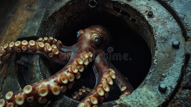 An octopus is sitting in a drain with its tentacles stock illustration