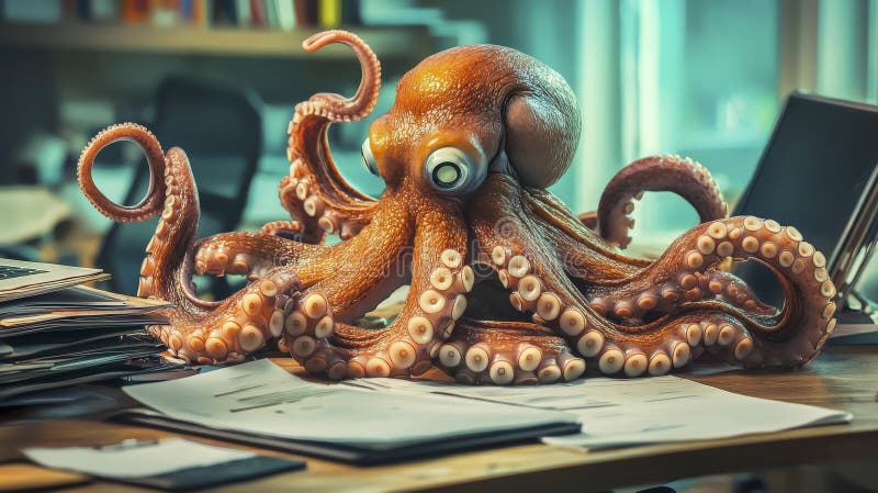 Octopus verwaltet Dateien auf dem Schreibtisch mit sorgfältiger Fokussierung lizenzfreie abbildung