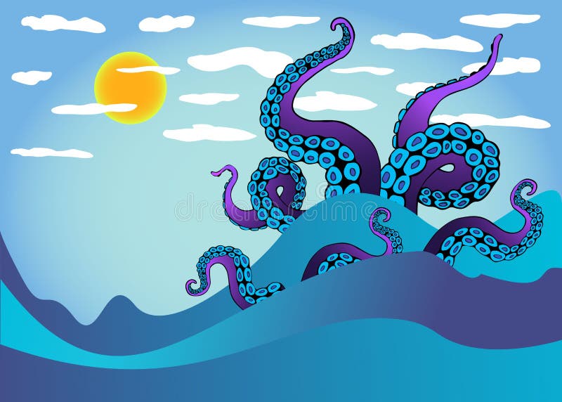 Octopustentakel in overzeese golven Onderwater oceaanmonster Kraken stock illustratie Octopustentakel in overzeese golven Onderwater oceaanmonster Kraken stock illustratie