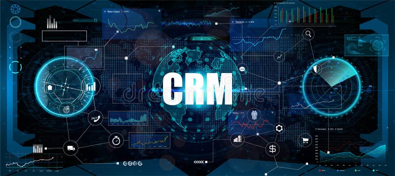 CRM - Customer relationship management. Customer relationship management concept. Vector illustration in futuristic style. Business strategy CRM. Customer relationship software banner vectors