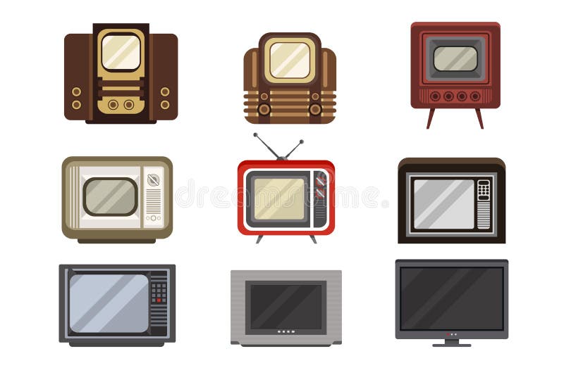 Odbiorniki telewizyjne ustawione, ewolucja TV z przestarzałych do nowoczesnych programów wektorowych na białym tle