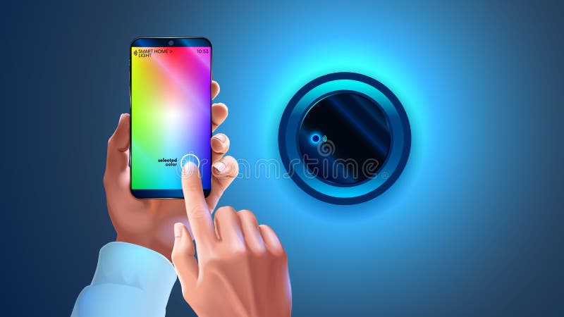 Odcienia app na telefonie używać kontrolować mądrze lampę w mądrze domowym systemu Ręki trzyma smartphone, zmienia koloru światła ilustracja wektor Odcienia app na telefonie używać kontrolować mądrze lampę w mądrze domowym systemu Ręki trzyma smartphone, zmienia koloru światła ilustracja wektor