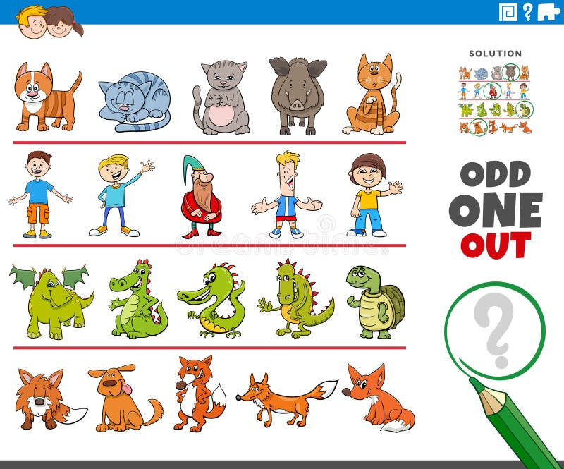 Odd One Out Picture Game With Funny Characters Stock Vector - Illustration  Of Design, Animals: 184521854