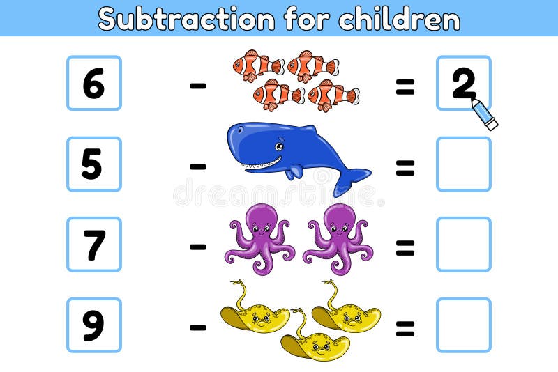 Odejmowanie dla dzieci matematyki zwierząt morskich2 ilustracja wektor