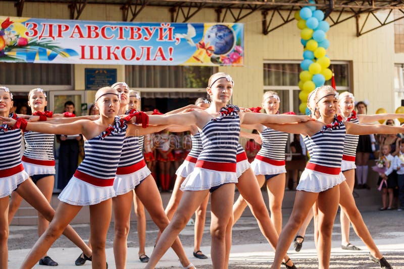 Odessa, Ukraine - September 1, 2015: School line is in schoolyard. 