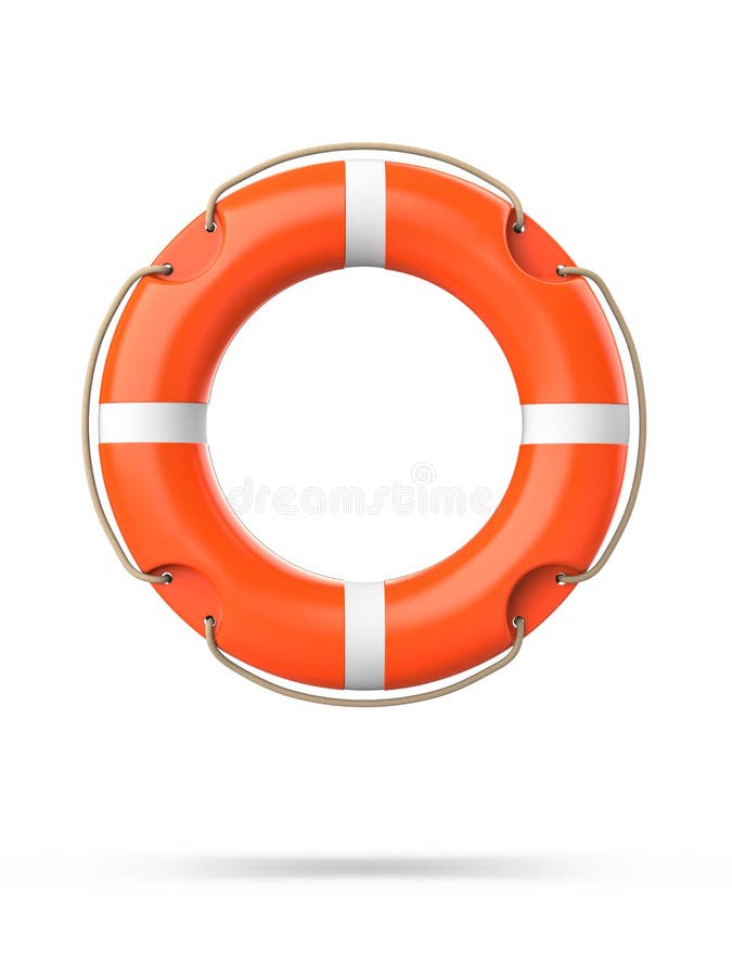 Top view of lifebuoy, isolated on a white background with shadow. 3d rendering of orange life ring buoy. Top view of lifebuoy, isolated on a white background with shadow. 3d rendering of orange life ring buoy