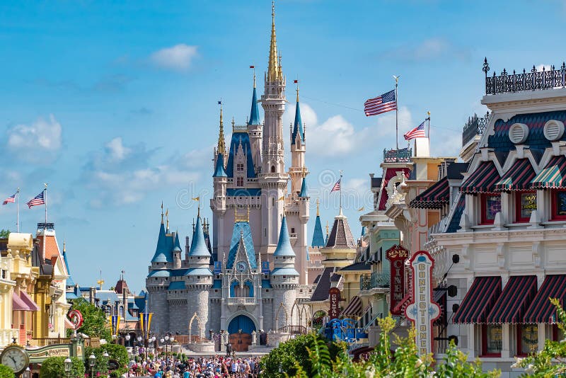 Orlando, Florida. May 10, 2019. Top view of Main Street and Cinderella Castle in Magic Kingdom at Walt Disney World  1. Orlando, Florida. May 10, 2019. Top view of Main Street and Cinderella Castle in Magic Kingdom at Walt Disney World  1