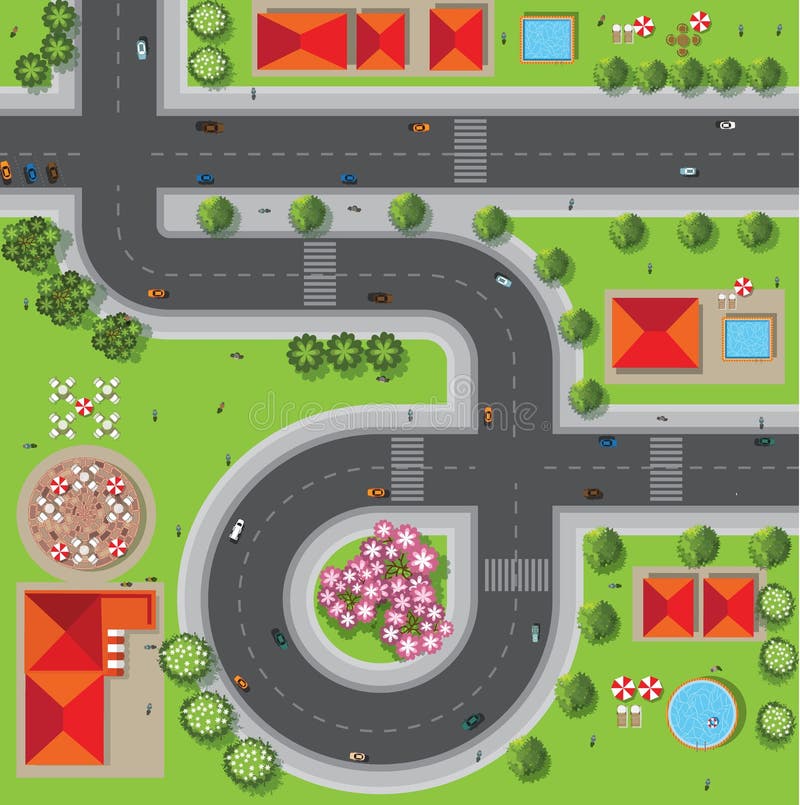 Odgórny widok miasto ulicy, drogi, domy, treetop, wektor ilustracja wektor