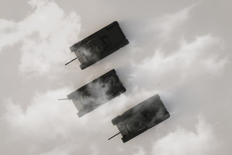 Odgórny widok na grupie Rusza się w Mgłowym krajobrazie Ciężcy Militarni zbiorniki ?wiadczenia 3 d ilustracja wektor Odgórny widok na grupie Rusza się w Mgłowym krajobrazie Ciężcy Militarni zbiorniki ?wiadczenia 3 d ilustracja wektor