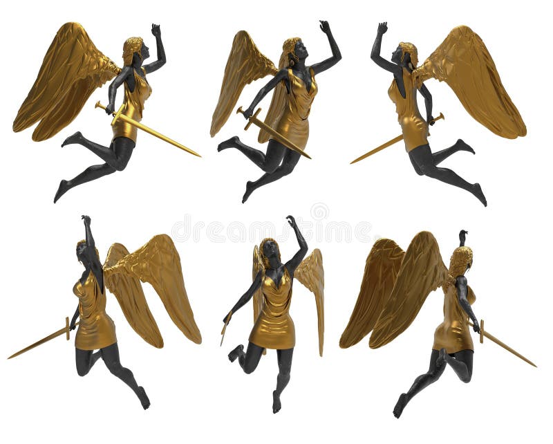Odizolowane 3d ilustracja czarnego marmuru i złotego anioła wojownika latającego royalty ilustracja
