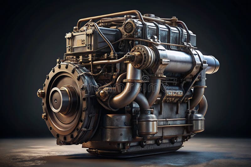 Odsłaniając siłę napędową: Szczegółowe zbliżenie solidnego silnika Diesla ukazujące skomplikowane mechaniczne arcydzieło oraz ilustracji