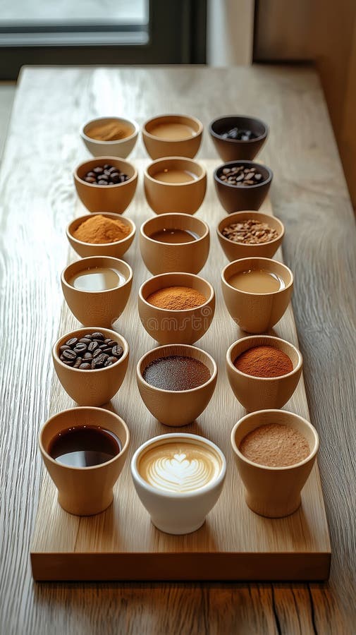 Odmiana kawy latte art przyprawy fasolowe drewniane miski generowane ai. royalty ilustracja