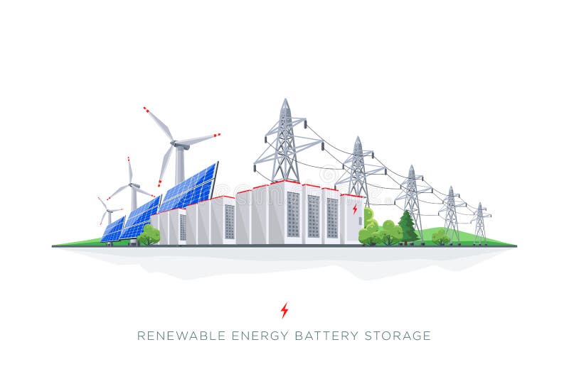 Large rechargeable battery energy storage with renewable electric power generation. Backup system with solar panels, wind turbines, high voltage electricity power transmission on white background. Large rechargeable battery energy storage with renewable electric power generation. Backup system with solar panels, wind turbines, high voltage electricity power transmission on white background