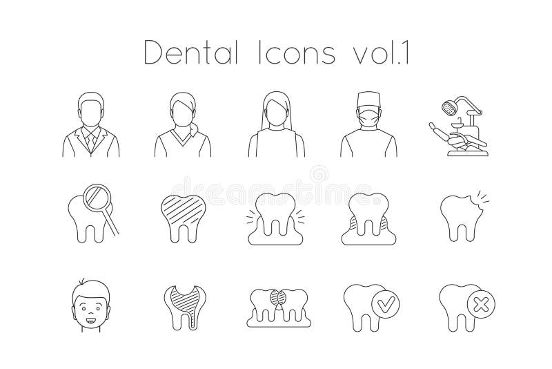 Dentistry icons. Thin line vector signs of dental clinic services. Oral health care concepts. Dentist office staff. Teeth and gums diseases and treatment. Black outline pictograms. Dentistry icons. Thin line vector signs of dental clinic services. Oral health care concepts. Dentist office staff. Teeth and gums diseases and treatment. Black outline pictograms