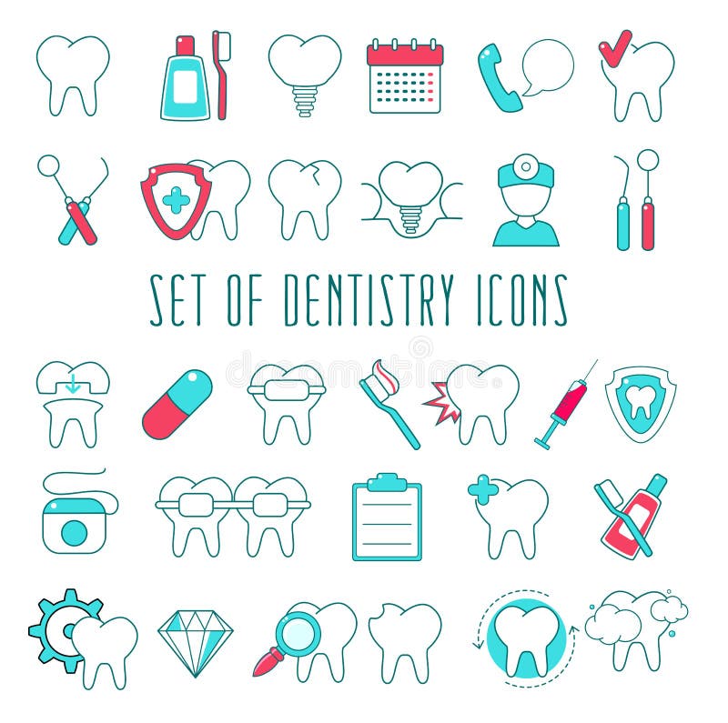 Dentistry, Healthcare and Medicine Line Icons collection. Vector set of flat graphic icon. Dental treatment, prosthetics, teeth whitening, removal, implant. EPS8. Dentistry, Healthcare and Medicine Line Icons collection. Vector set of flat graphic icon. Dental treatment, prosthetics, teeth whitening, removal, implant. EPS8
