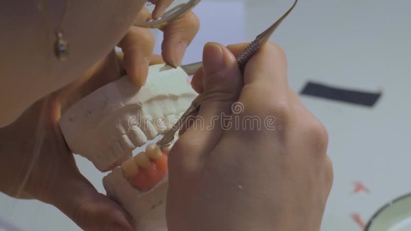 Odontotecnico che lavora con protesi dentarie vista da vicino