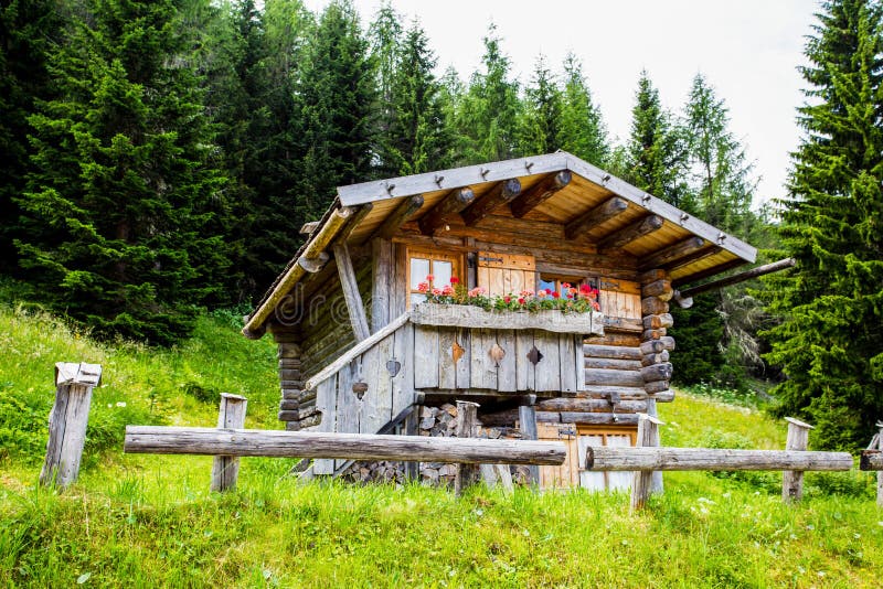 Odosobniona halna kabina w drewnach/dom/odizolowywał, zieleń, drewno, góra, dolomity/Włochy obrazy stock Odosobniona halna kabina w drewnach/dom/odizolowywał, zieleń, drewno, góra, dolomity/Włochy obrazy stock