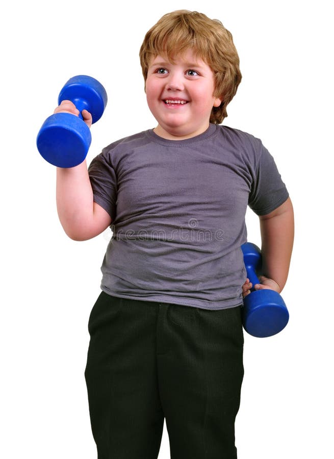 Isolated portrait of happy smiling kid exercising with dumbbells. Childhood, sports, strength, active lifestyle concept. Isolated portrait of happy smiling kid exercising with dumbbells. Childhood, sports, strength, active lifestyle concept