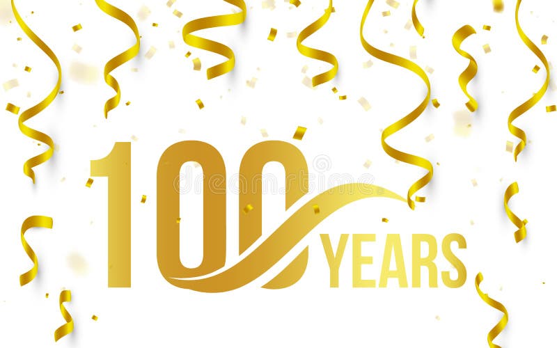 Odosobniony złoty kolor liczba 100 z słowo rok ikoną na białym tle z spada confetti złocistymi faborkami i, 100th ilustracji