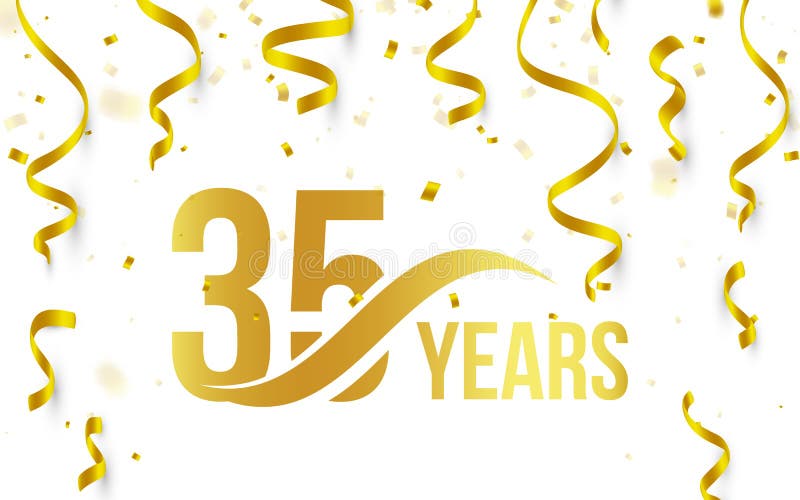 Isolated golden color number 35 with word years icon on white background with falling gold confetti and ribbons, 35th birthday anniversary greeting logo, card element, vector illustration. Isolated golden color number 35 with word years icon on white background with falling gold confetti and ribbons, 35th birthday anniversary greeting logo, card element, vector illustration.