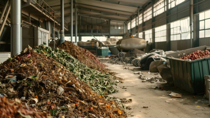 Odpady przemysłowe w zakładzie recyklingu. gromadzenie materiału organicznego i odpadów royalty ilustracja