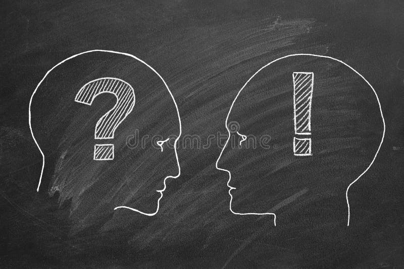Chalk illustration on blackboard. Two male heads face to face with with question and exclamation marks inside. Answer to question. Debate concept. Concept of idea. Chalk illustration on blackboard. Two male heads face to face with with question and exclamation marks inside. Answer to question. Debate concept. Concept of idea.
