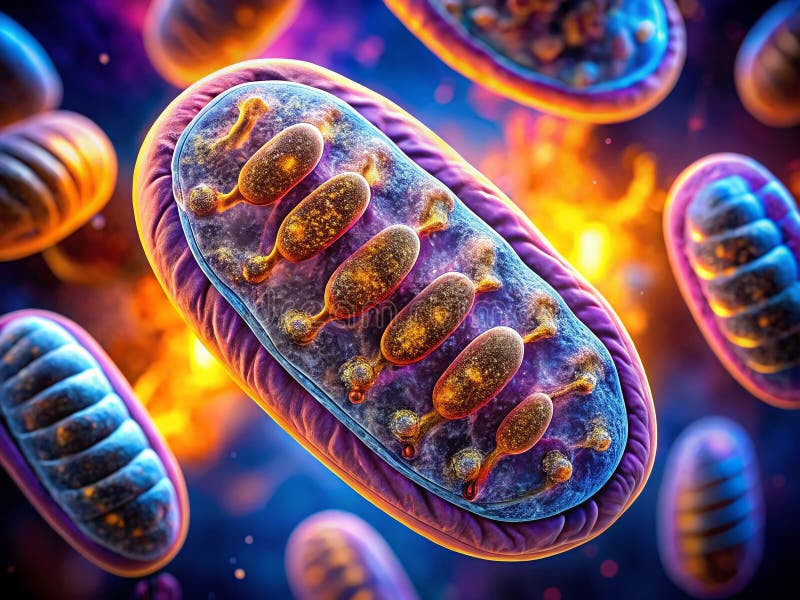 Odkrywanie komórkowego centrum energetycznego: Mikroskopijne zanurzenie w mitochondriach w słabym oświetleniu royalty ilustracja
