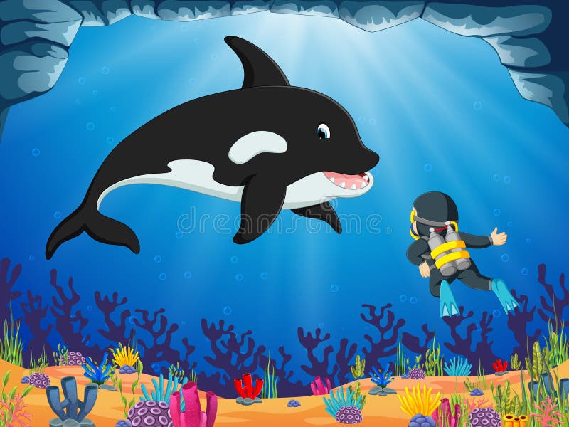 Odważny nurek patrzeje dużego delfinu pod błękitnym oceanem royalty ilustracja Odważny nurek patrzeje dużego delfinu pod błękitnym oceanem royalty ilustracja