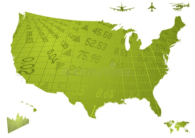 Illustration of north america in green with financial figures. Illustration of north america in green with financial figures