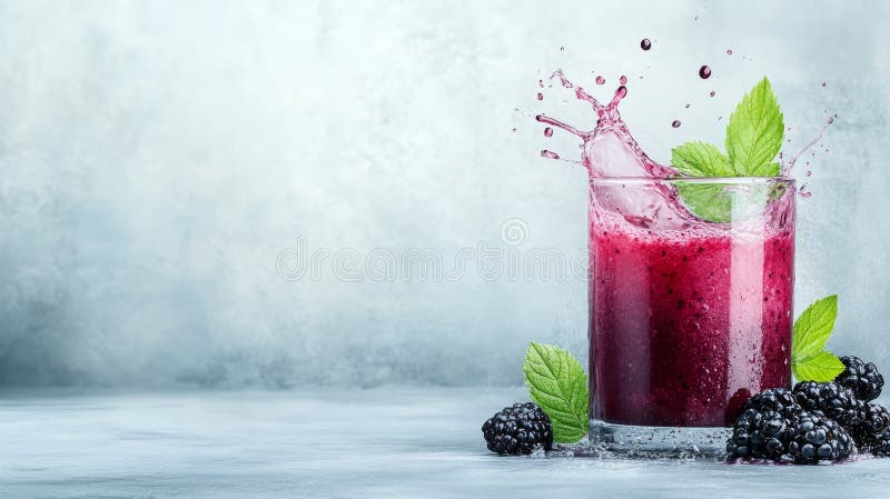 Odświeżający sok jeżynowy z liśćmi mięty i pluskiem płynu w szkle ilustracja wektor