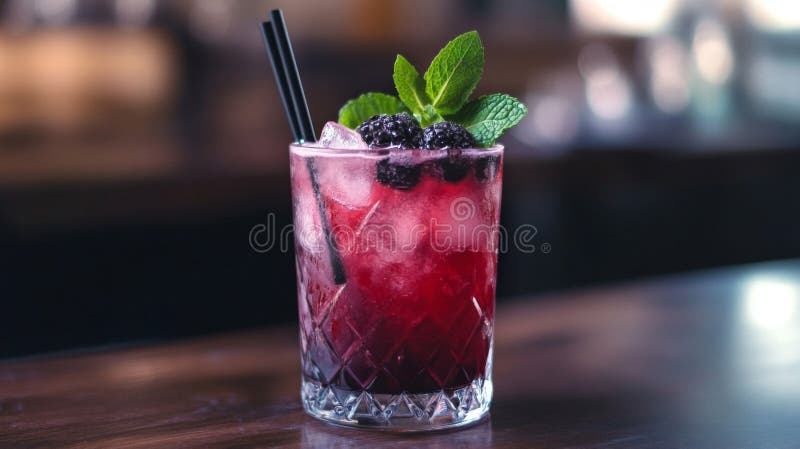 Odświeżanie Blackberry Mint Cocktail w Cut Glass ilustracja wektor