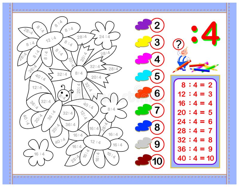 Oefeningen voor jonge geitjes met afdeling door nummer 4 Schilder het beeld Onderwijspagina voor het boek van de wiskundebaby Voo vector illustratie Oefeningen voor jonge geitjes met afdeling door nummer 4 Schilder het beeld Onderwijspagina voor het boek van de wiskundebaby Voo vector illustratie