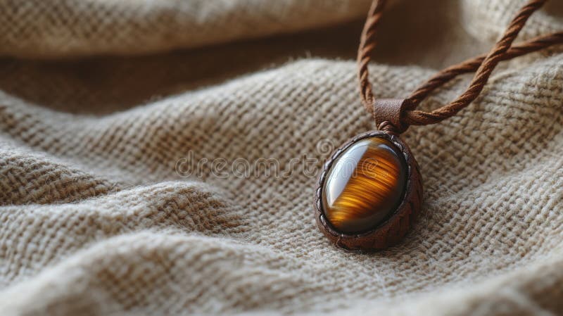 Oeil tigre amulet oeil tigre amulet sur cordon de cuir sur fond de lin naturel évoquant une atmosphère sereine avec espace photo libre de droits