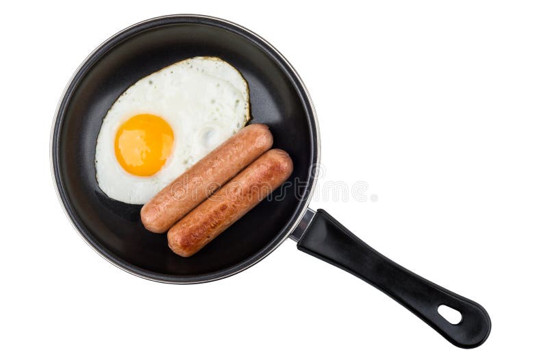 Oeuf au plat et saucisse dans la poêle d'isolement sur le blanc photo libre de droits Oeuf au plat et saucisse dans la poêle d'isolement sur le blanc photo libre de droits