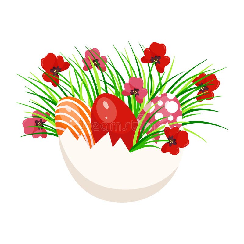 Colored eggs, red poppies and green grass inside white broken egg on white background. Vector illustration for card, poster, decoration. Colored eggs, red poppies and green grass inside white broken egg on white background. Vector illustration for card, poster, decoration