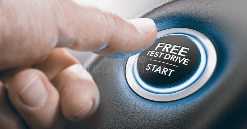 Man pushing a free test drive button. Composite image between a finger photography and a 3D background. Man pushing a free test drive button. Composite image between a finger photography and a 3D background.