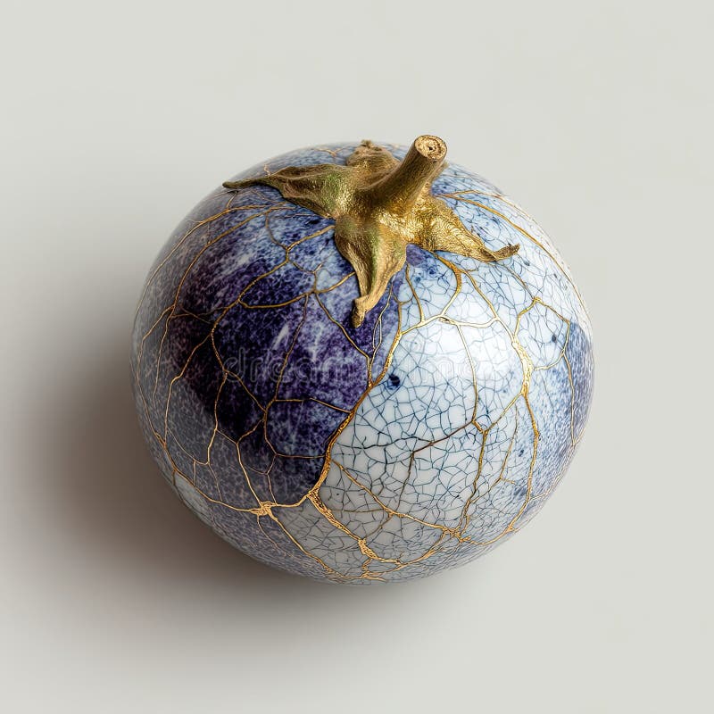 Off-centered round, blue and gold ceramic object with intricate cracks design Blue background contrasted by golden cracks Uneven stock image