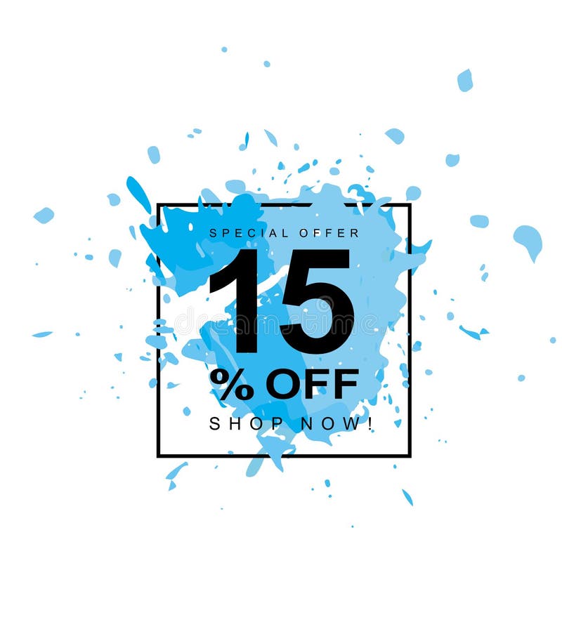 15 OFF. Discount Vector Symbol. Blue Abstract Spash in a Black Square Frame.