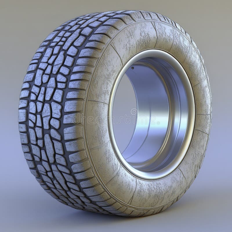 Off-road tire with silver rim, weathered texture, 3D render, studio shot. stock illustration