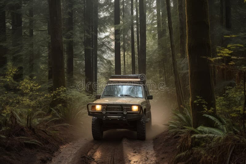 Offroad Vehicle Driving through a Forest, Surrounded by Towering Trees