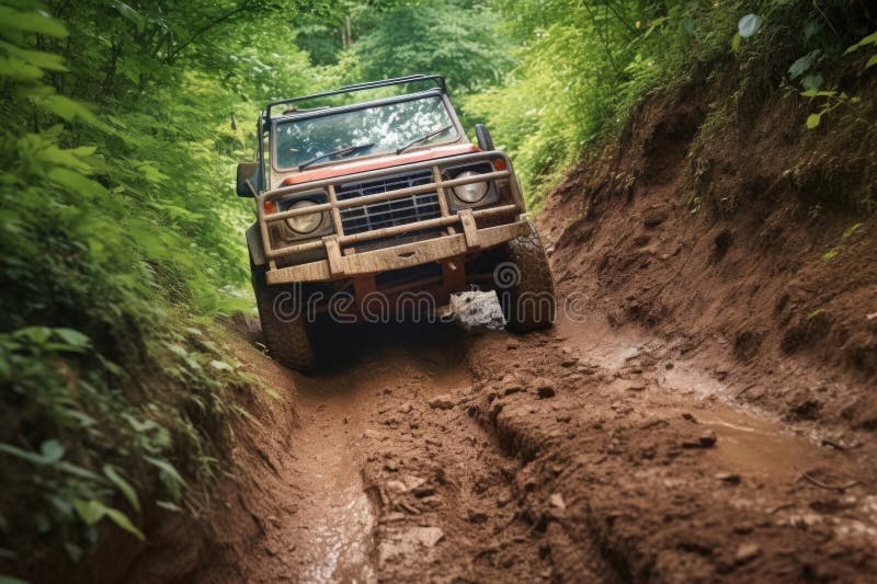 Offroad Vehicle Front View while Climbing a Steep Hill Stock Image